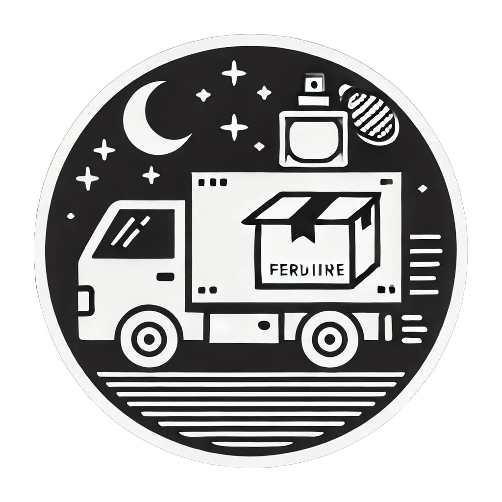 DALL·E 2025-03-21 06.13.44 – Minimalistic clip art of a delivery truck carrying a perfume box, white illustration on a black circular background